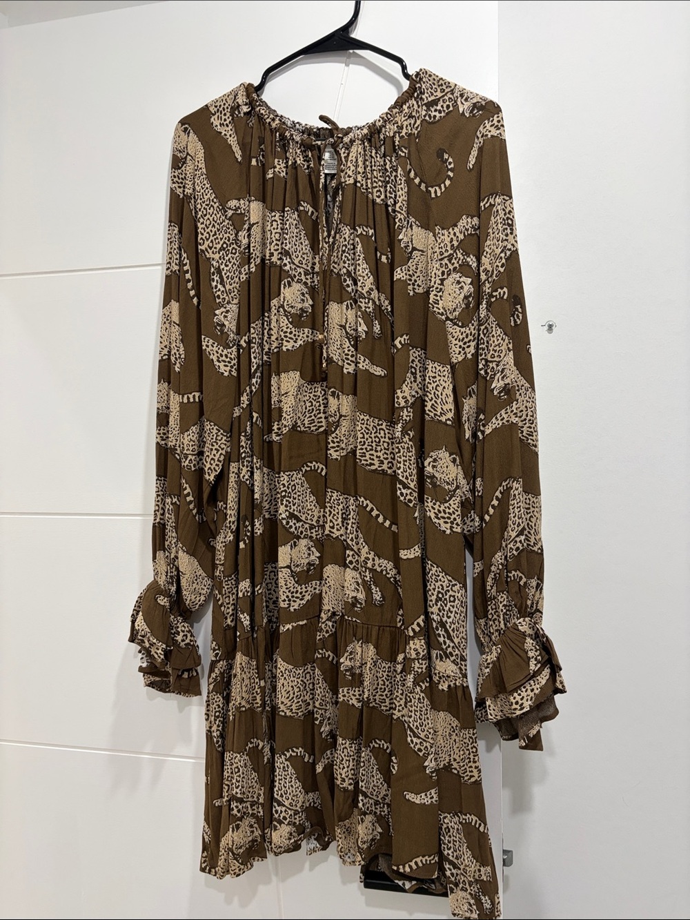 H&M Brown and Cream Leopard-Print Long-Sleeve Dress
